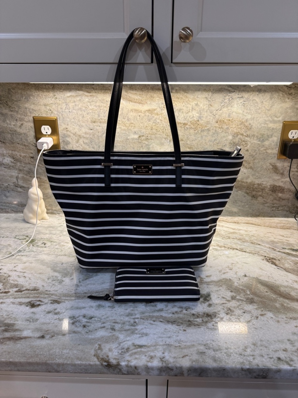 kate spade Black and White Striped Tote with Matching Wallet-excellent!
